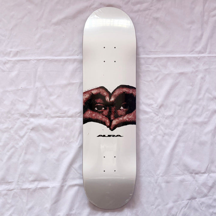 Aura “White Heart” 8.25” x 31.5” Skateboard Deck — underside graphic view
