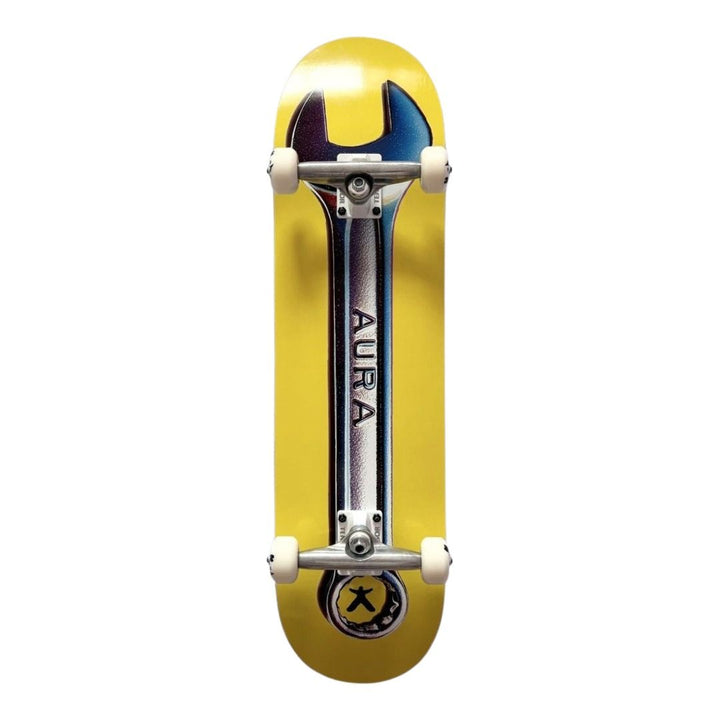 Aura “Yellow Wrench” 8.25” x 32” Custom Skateboard Complete — underside graphic view