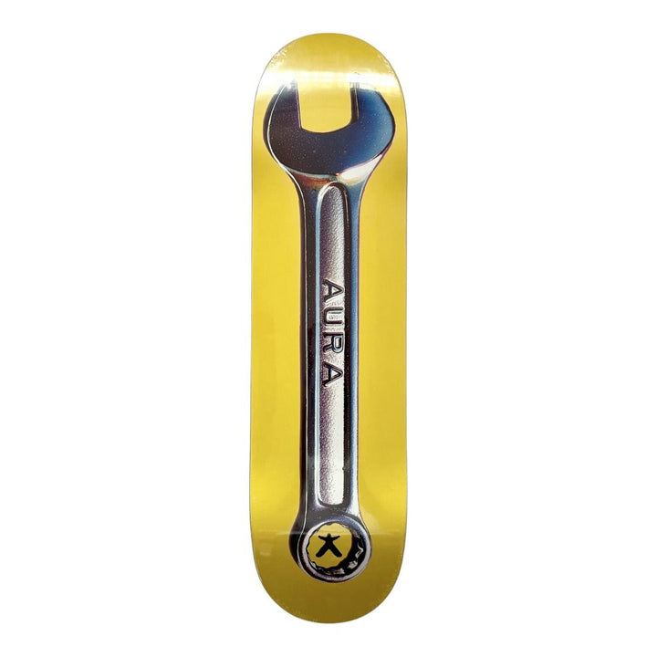 Aura “Yellow Wrench” 8.25” x 32” Skateboard Deck — underside graphic view