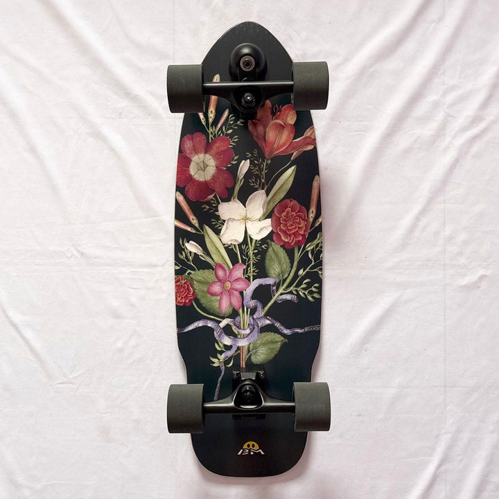 Black Market “Floral” 9.75” x 29.75” Surfskate Cruiser Skateboard Complete — underside graphic view