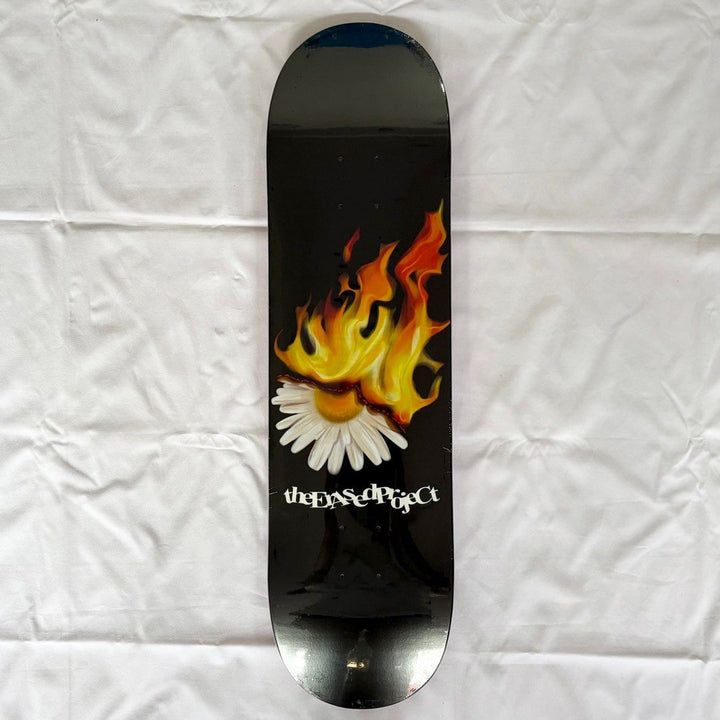 Erased “Burning Flower Black” 8.0” x 31.4” / 8.25” x 31.5” Skateboard Deck — underside graphic view
