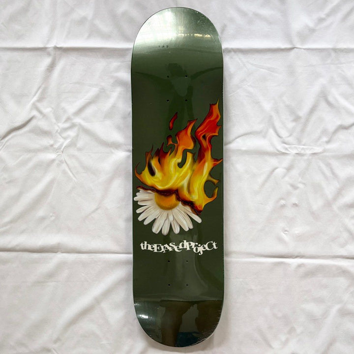 Erased “Burning Flower Green” 8.0” x 31.4” / 8.25” x 31.5” Skateboard Deck — underside graphic view