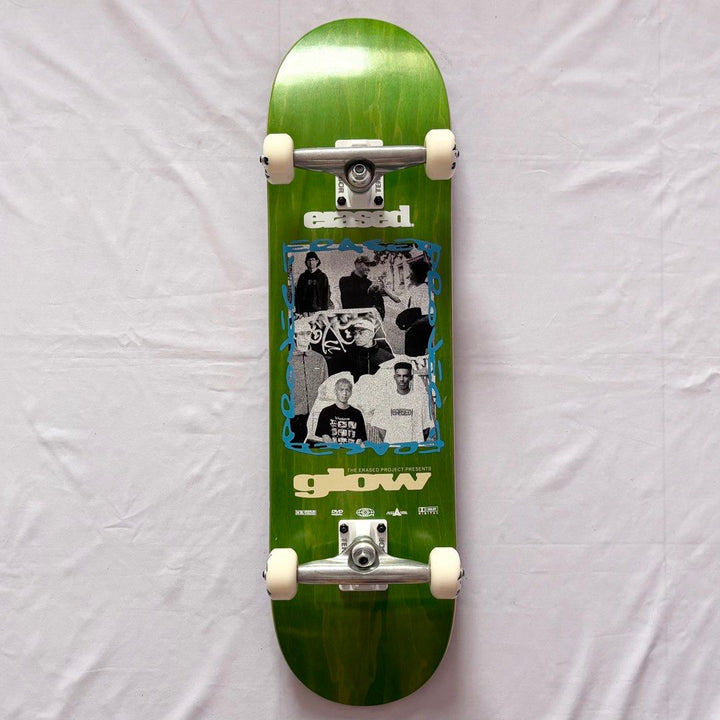 Erased “Glow Green” 8.25” x 31.5” Custom Skateboard Complete — underside graphic view