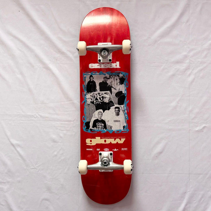 Erased “Glow Red” 8.0” x 31.4” Custom Skateboard Complete — underside graphic view