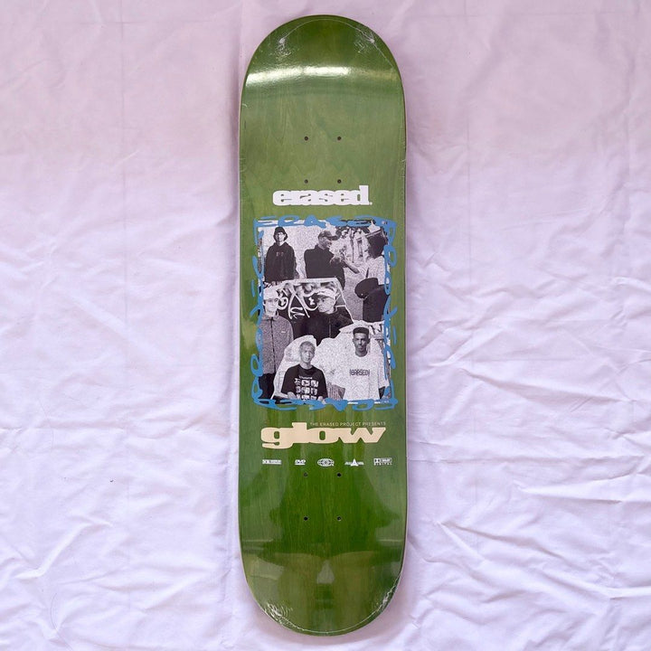 Erased “Glow Video Green” 8.25” x 31.5” Skateboard Deck — underside graphic view