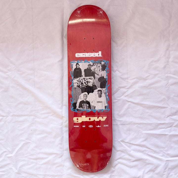 Erased “Glow Video Red” 8.0” x 31.4” Skateboard Deck — underside graphic view