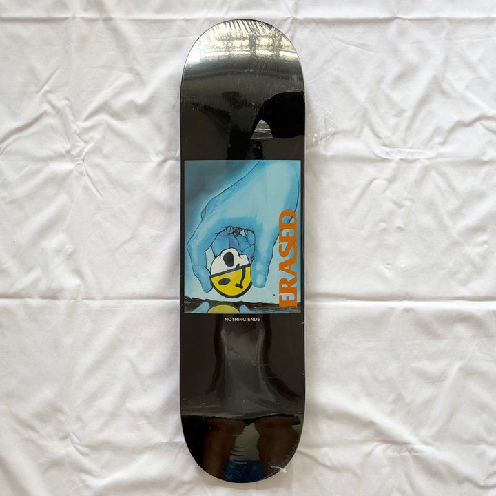 Erased “Nothing Ends” 8.0” x 31.4” / 8.25” x 31.5” Skateboard Deck — underside graphic view