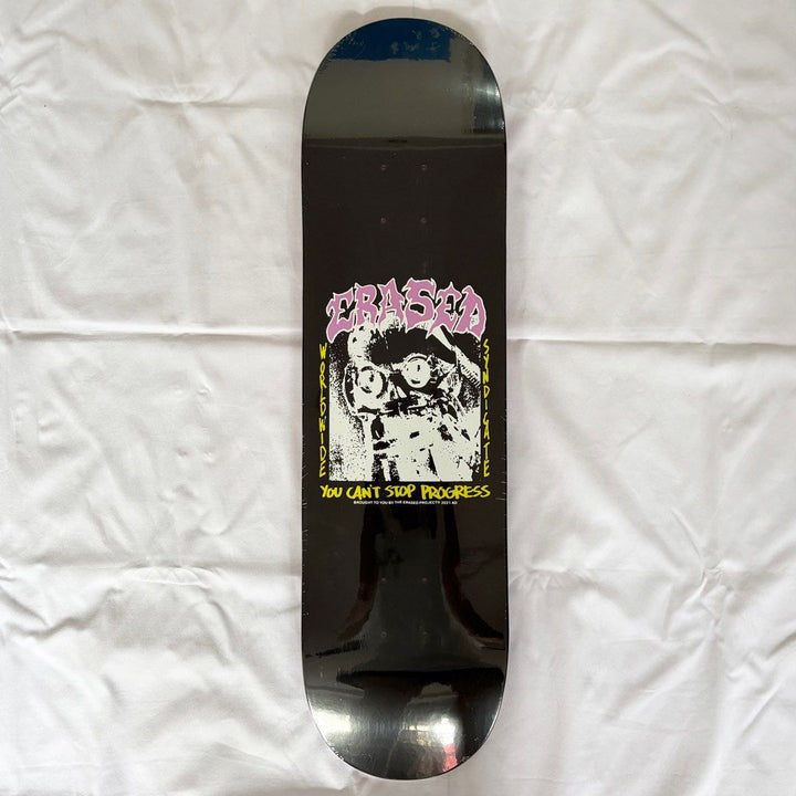 Erased “You Can't Stop Progress Black 8.0” x 31.4” / 8.25” x 31.5” Skateboard Deck — underside graphic view