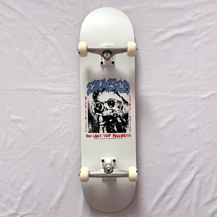 Erased “You Can’t Stop Progress White” 8.25” x 31.5” Custom Skateboard Complete — underside graphic view