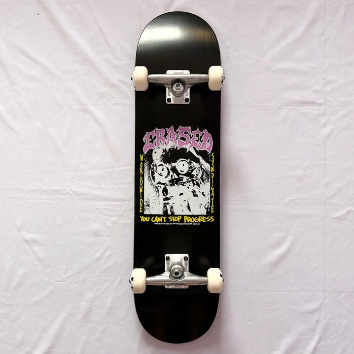 Erased “You Can’t Stop Progress Black” 8.0” x 31.4” / 8.25” x 31.5” Custom Skateboard Complete — underside graphic view