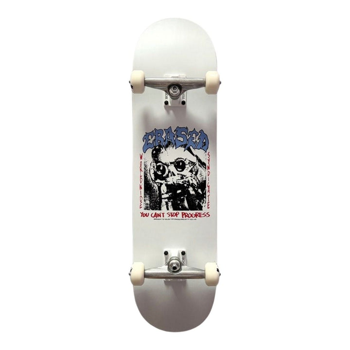 Erased “You Can’t Stop Progress White” 8.25” x 31.5” Custom Skateboard Complete — underside graphic view