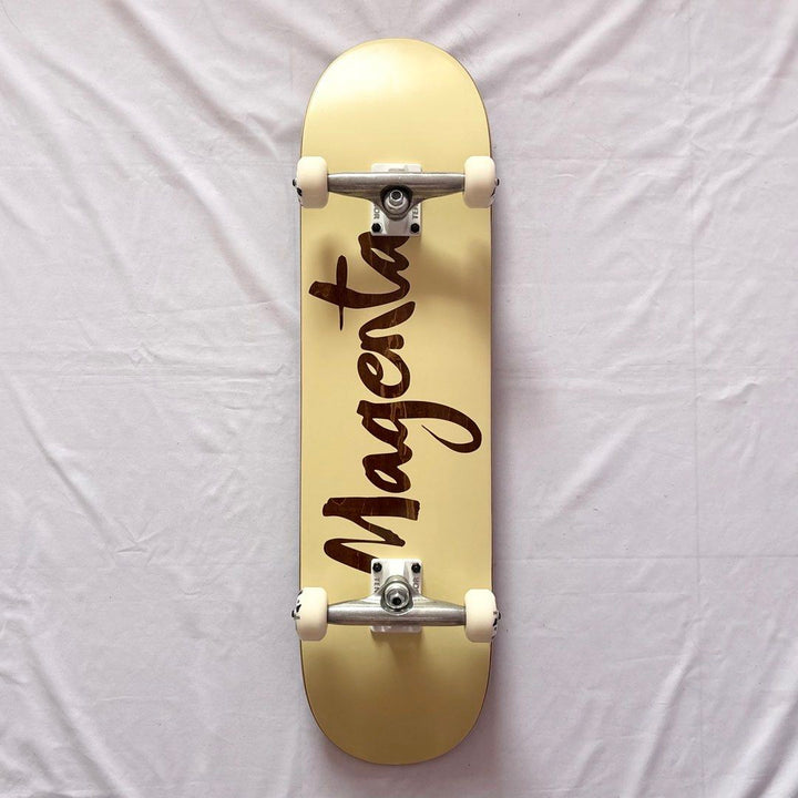 Magenta “Big Brush” 8.25” x 32” Custom Skateboard Complete — underside graphic view