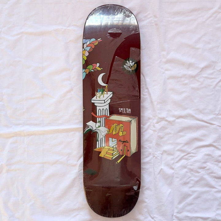 Magenta “Book” 8.5” x 31.9” Spelta Model Skateboard Deck — underside graphic view