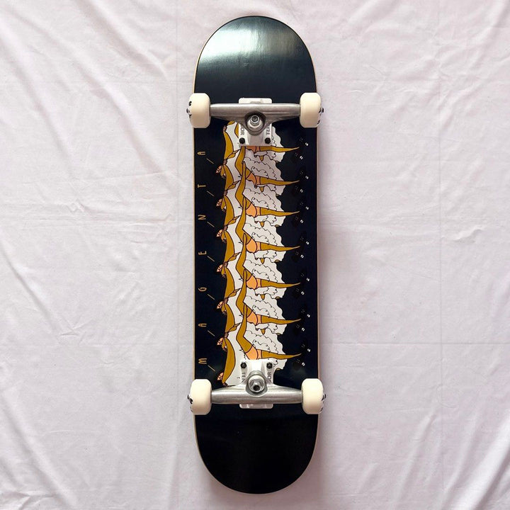 Magenta “Can” 8.125” x 31.75” Custom Skateboard Complete — underside graphic view