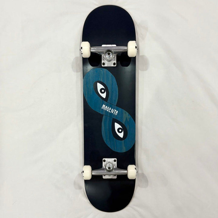Magenta “Eyes” 8.0” x 31.5” Custom Skateboard Complete — underside graphic view