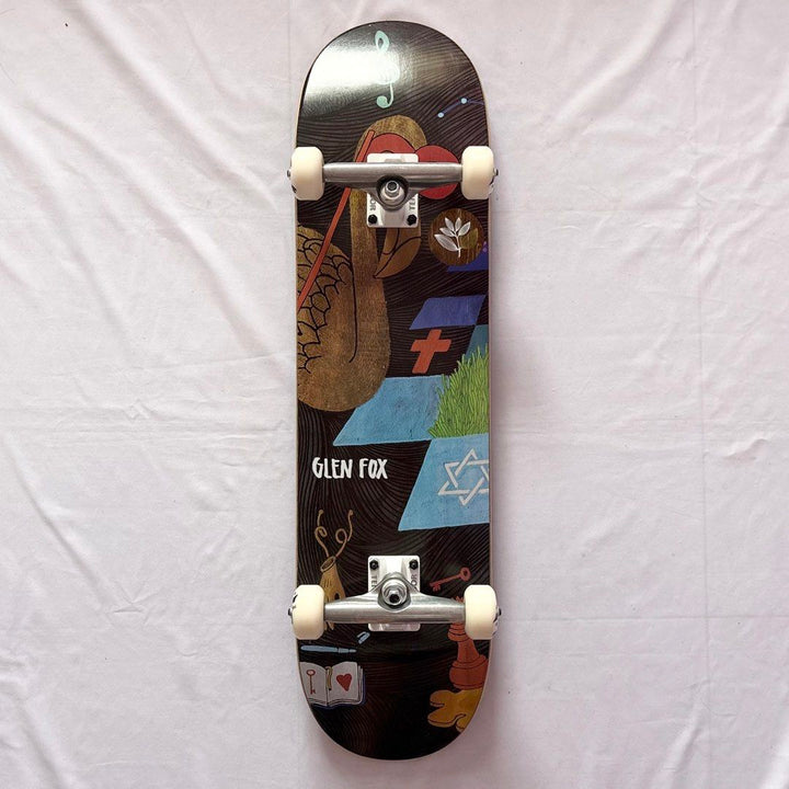 Magenta “Judaism” 8.25” x 31.75” Glen Fox Model Custom Skateboard Complete — underside graphic view
