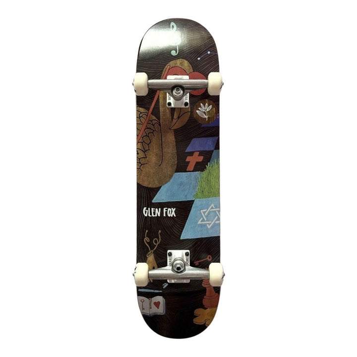Magenta “Judaism” 8.25” x 31.75” Glen Fox Model Custom Skateboard Complete — underside graphic view