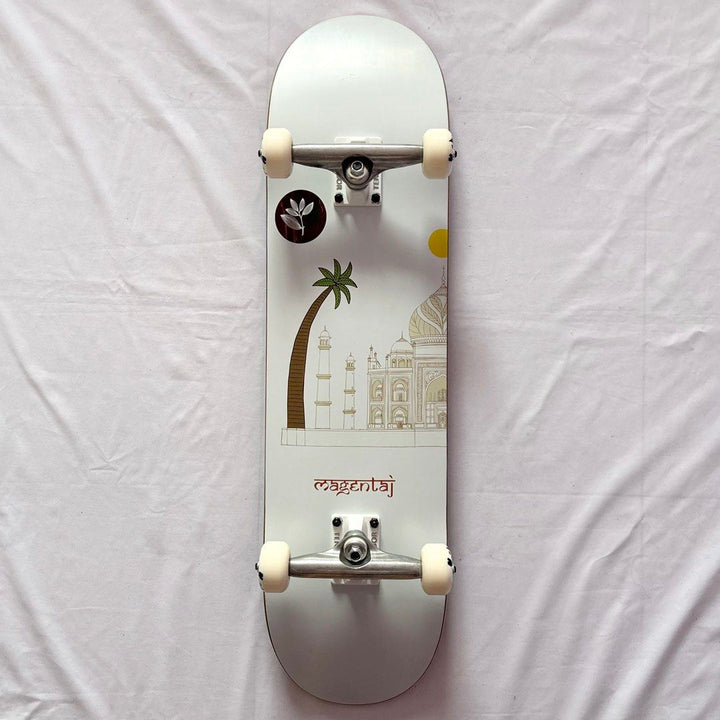 Magenta “Mosque” 8.25” x 32” Custom Skateboard Complete — underside graphic view
