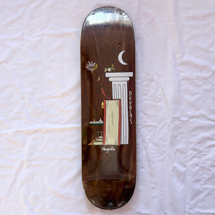 Magenta “Pillar” 8.5” x 31.9” Douglas Model Skateboard Deck — underside graphic view