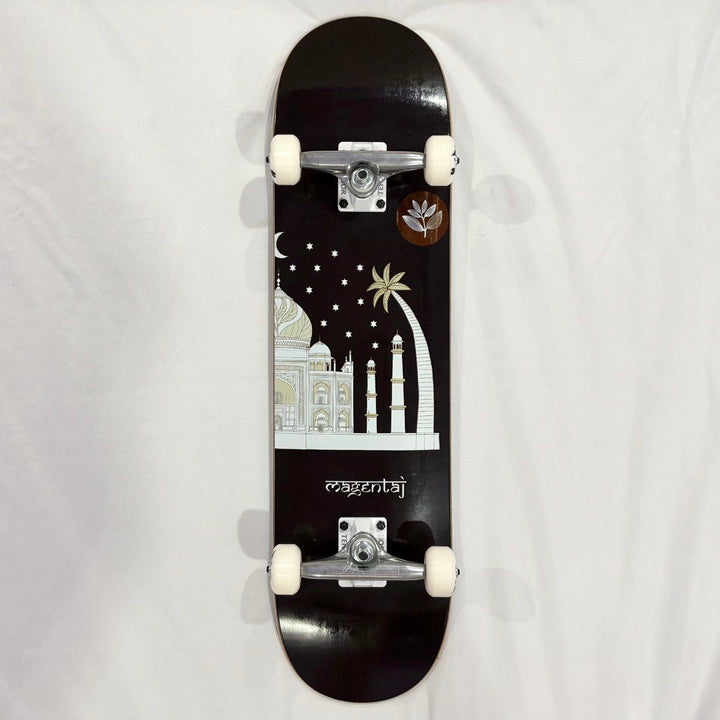 Magenta “Stars” 8.0” x 31.5” Custom Skateboard Complete — underside graphic view