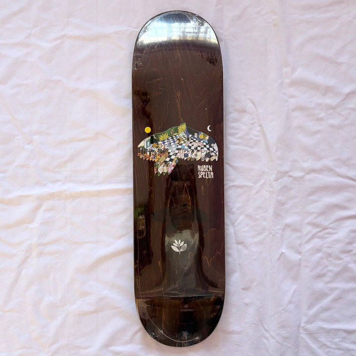 Magenta “Wings” 8.5” x 31.9” Spelta Model Skateboard Deck — underside graphic view