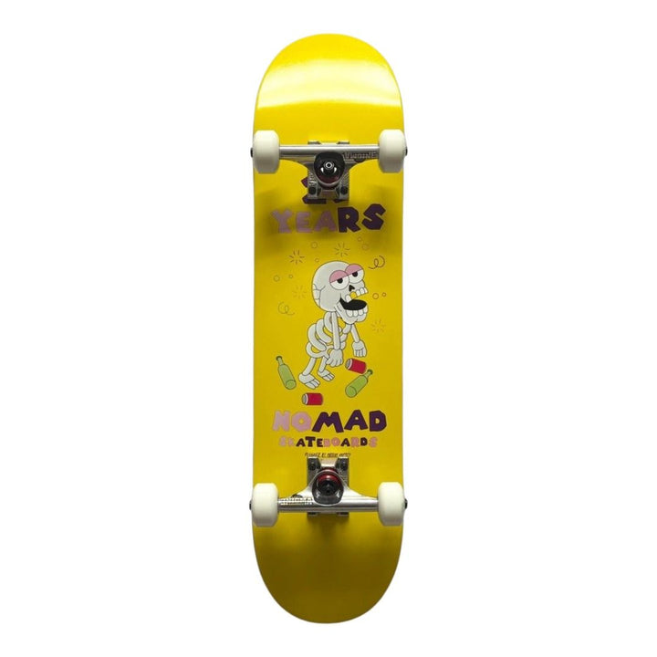 Nomad “Drunk Yellow” 7.875” x 31.5” Custom Skateboard Complete — underside graphic view