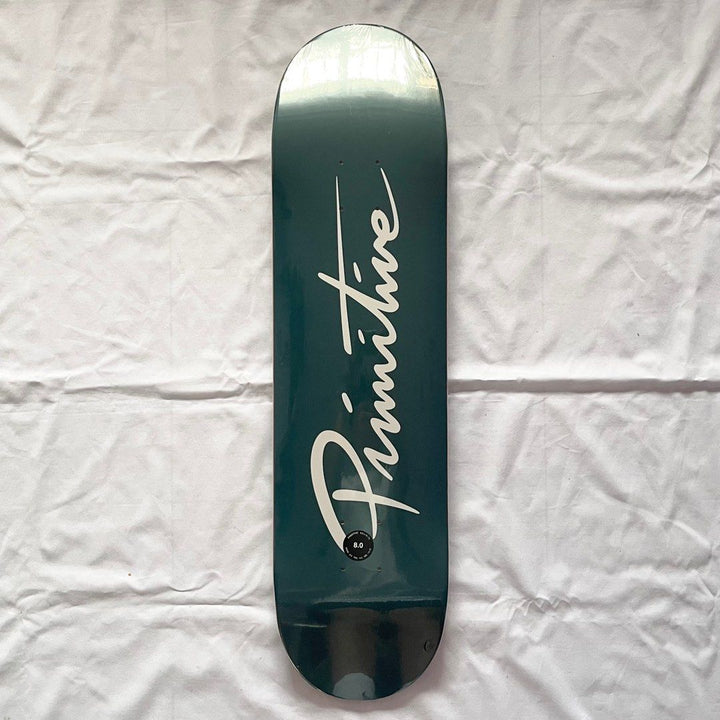Primitive “Navy Signature” 8.0” x 31.75” Skateboard Deck — underside graphic view