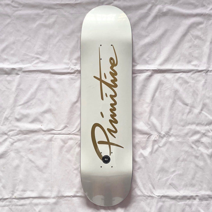 Primitive “White Signature” 8.0” Skateboard Deck — underside graphic view
