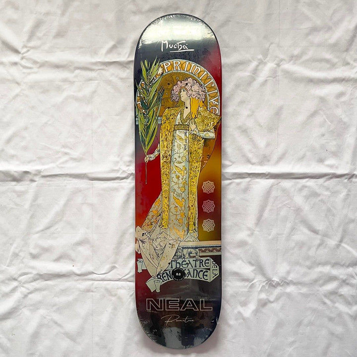 Primitive x Mucha “Tour” 8.0” x 31.75” Neal Skateboard Deck — underside graphic view