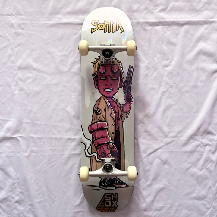 Shox “Shooter” 8.0” Custom Skateboard Complete — underside graphic view