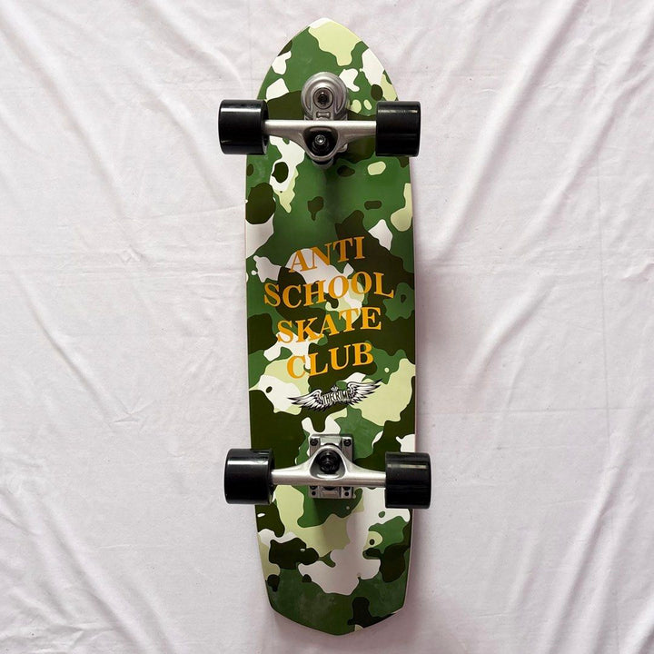 Sk8crime “Anti School Skate Club” 8.75” x 31.75” Surfskate Cruiser Skateboard Complete — underside graphic view