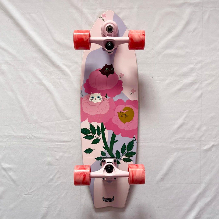Sk8crime “Cats” 8.5” x 28.75” Surfskate Cruiser Skateboard Complete — underside graphic view