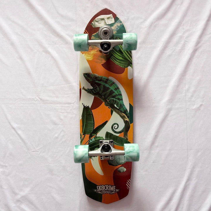 Sk8crime “Chameleons” 8.75” x 31.75” Surfskate Cruiser Skateboard Complete — underside graphic view