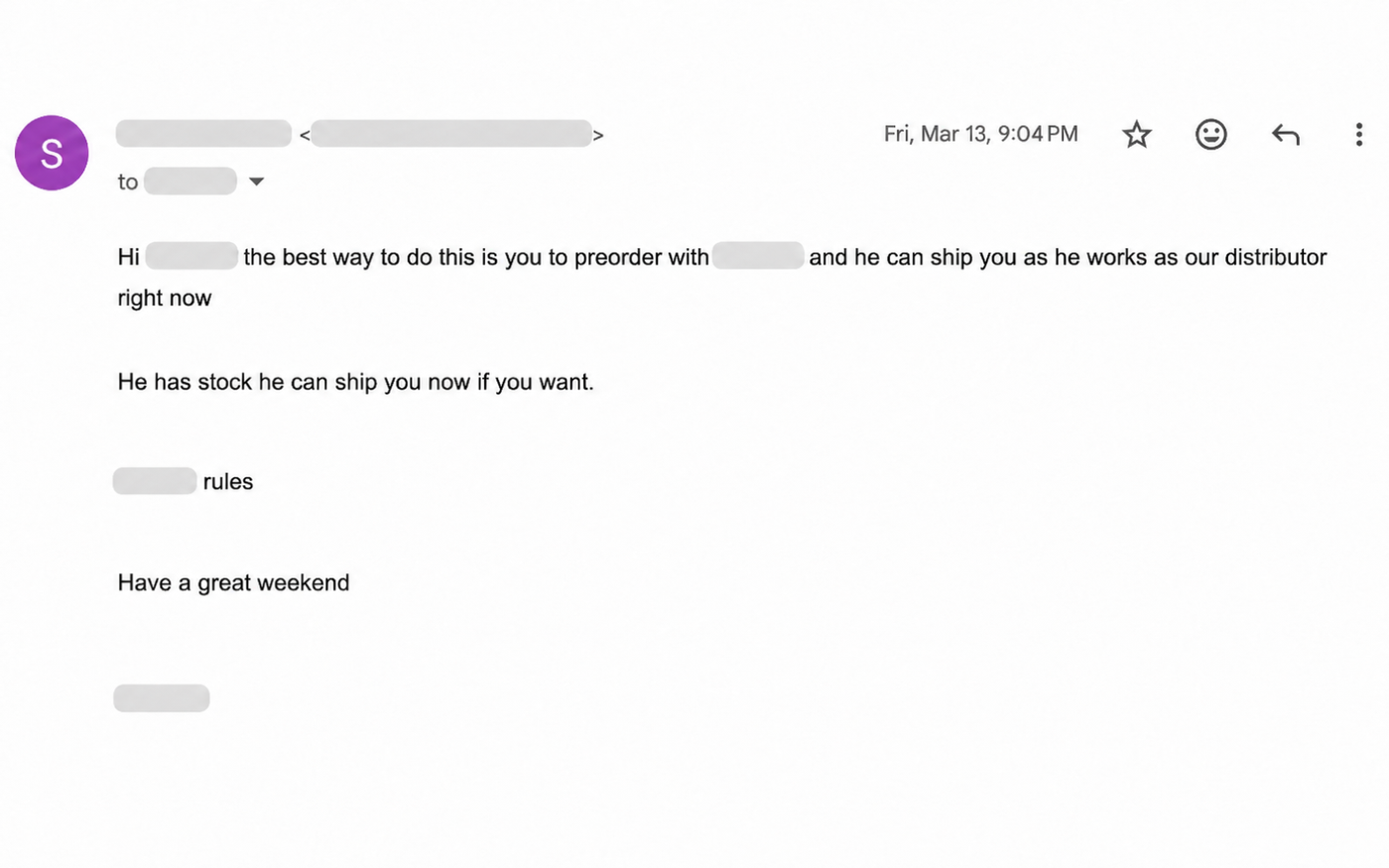 One of the rejection email from a big skate brand