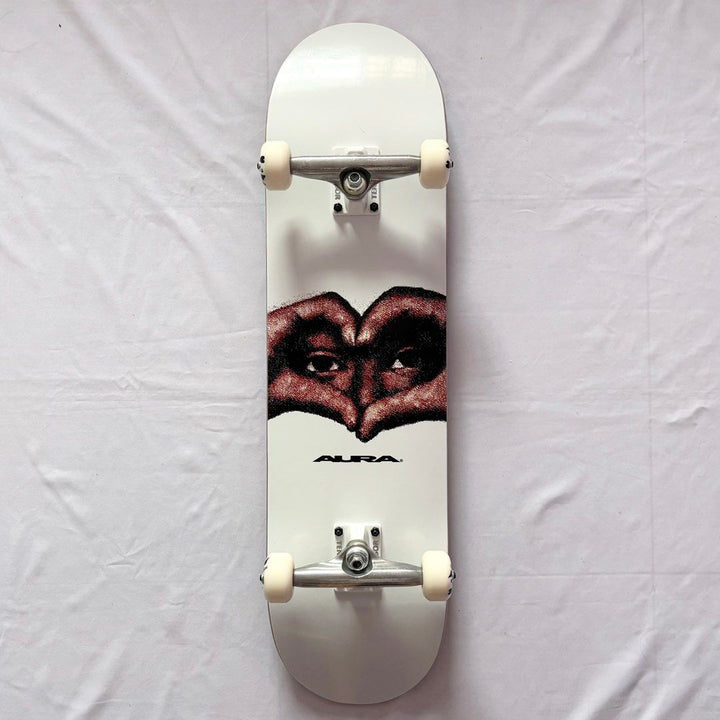 Aura “White Heart” 8.25” x 32” Custom Skateboard Complete