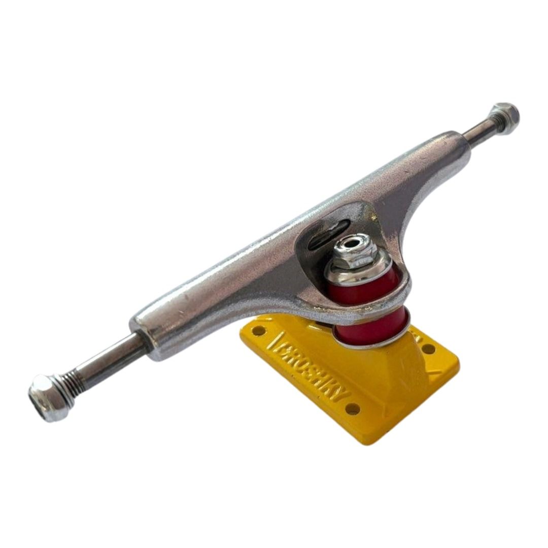 Droshky "Silver and Yellow" 8.5" Skateboard Trucks — single truck front view