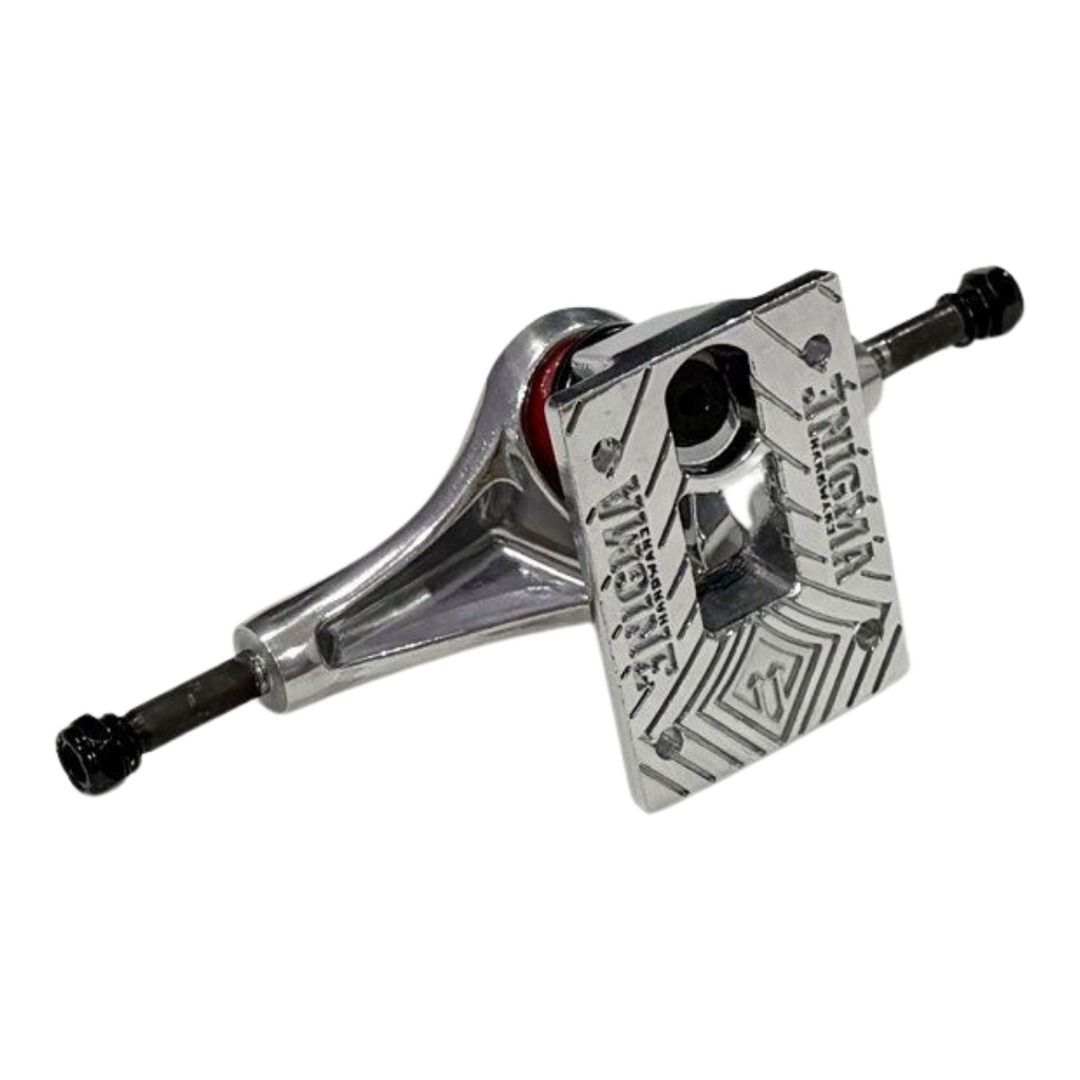 Enigma "Silver" 7.75" Skateboard Trucks — baseplate underside view