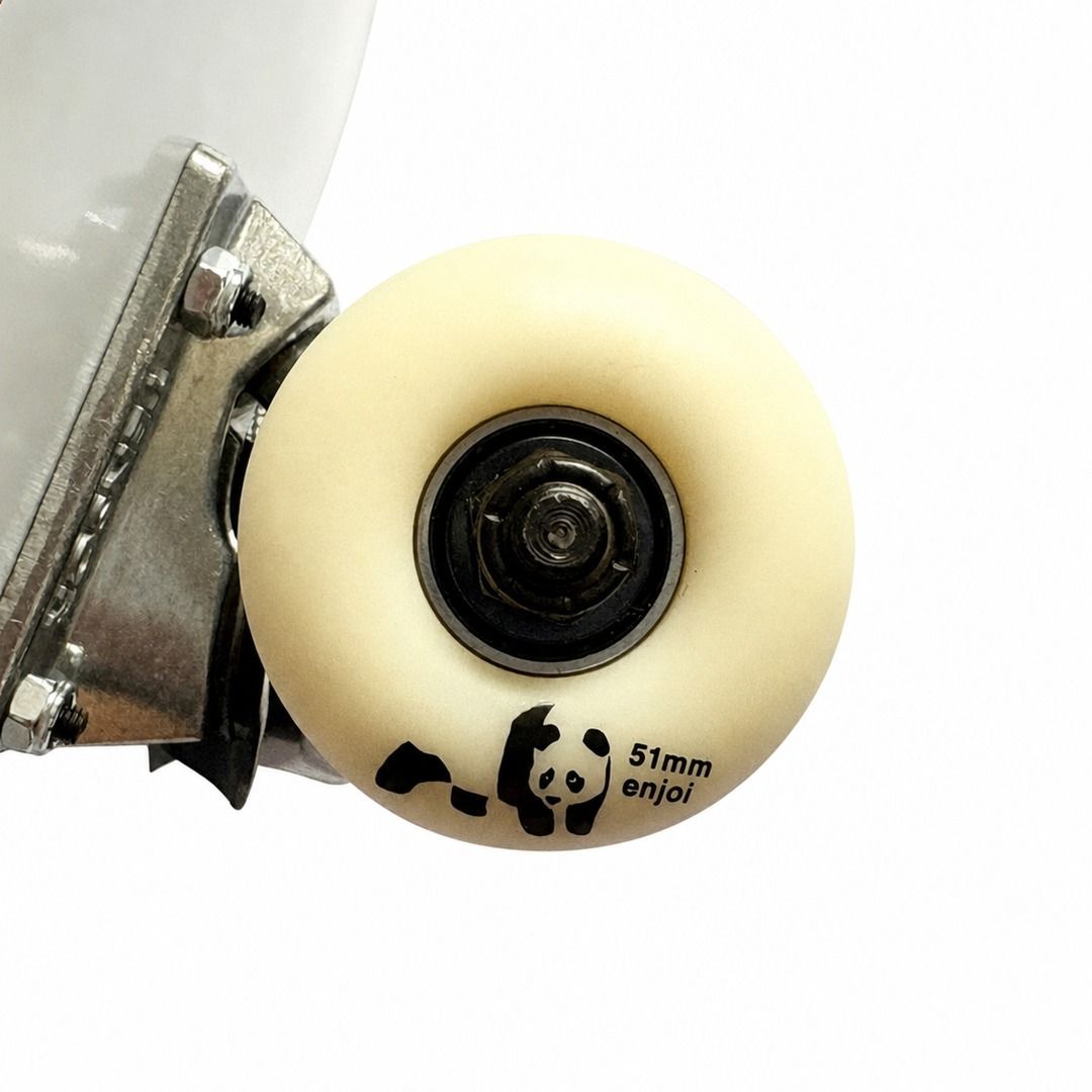 Enjoi “Panda” 6.75” x 28.25” Kids Skateboard Complete — wheel close-up