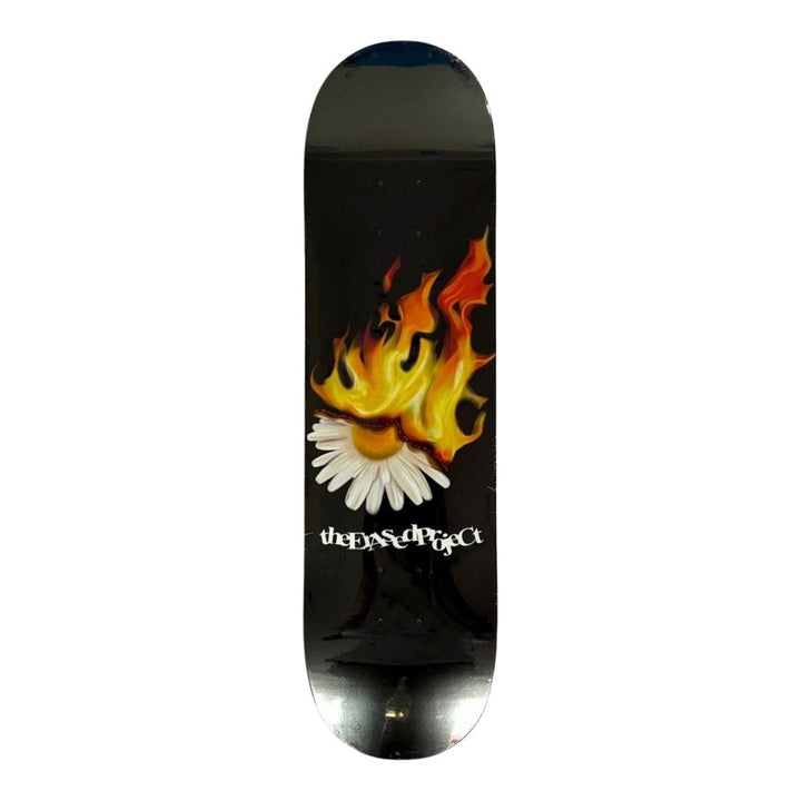 Erased “Burning Flower Black” 8.0” x 31.4” / 8.25” x 31.5” Skateboard Deck — underside graphic view