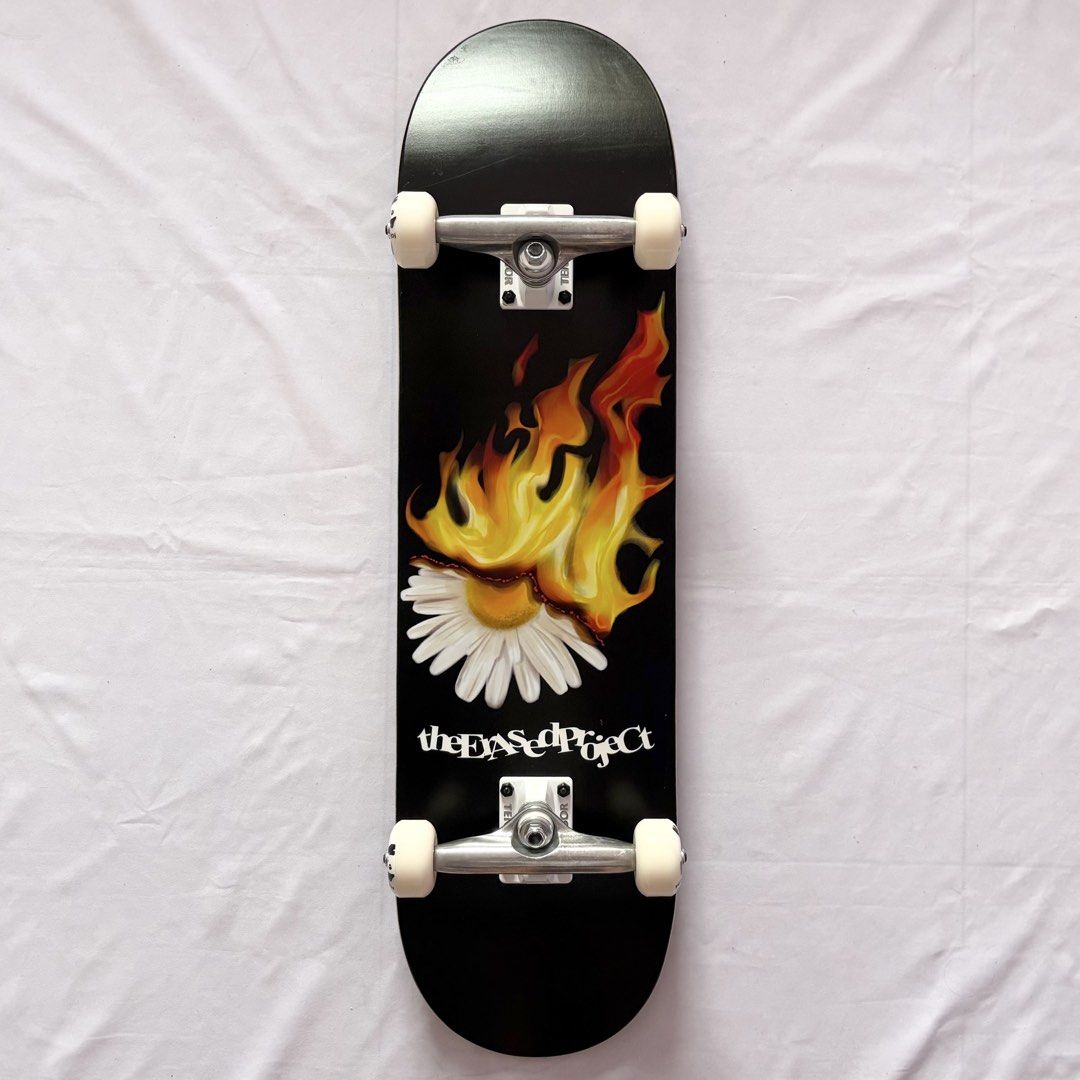 Erased “Burning Flower Black” 8.0” x 31.4” / 8.25” x 31.5” Custom Skateboard Complete