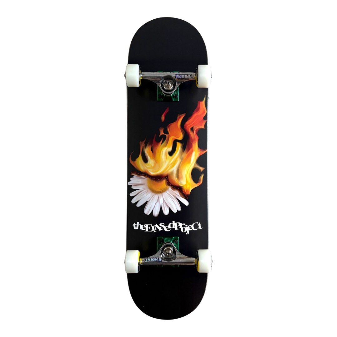 Erased “Burning Flower Black” 8.25″ x 31.5″ Custom Skateboard Complete