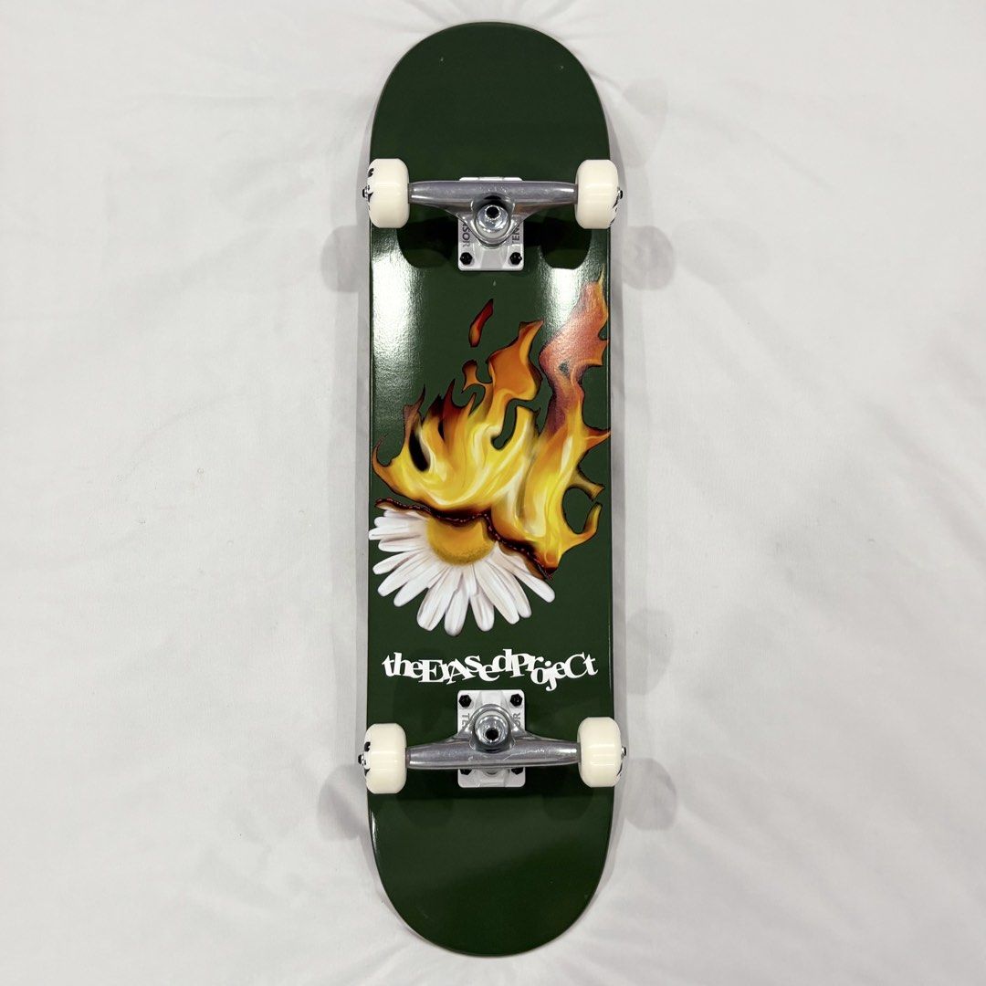 Erased “Burning Flower Green” 8.0” x 31.4” / 8.25” x 31.5” Custom Skateboard Complete