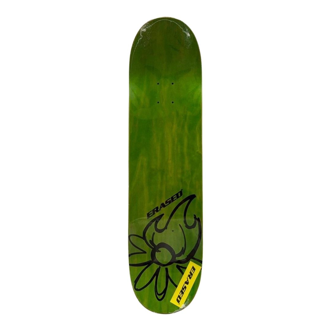Erased “Burning Flower Green” 8.0” x 31.4” / 8.25” x 31.5” Skateboard Deck — top-ply view
