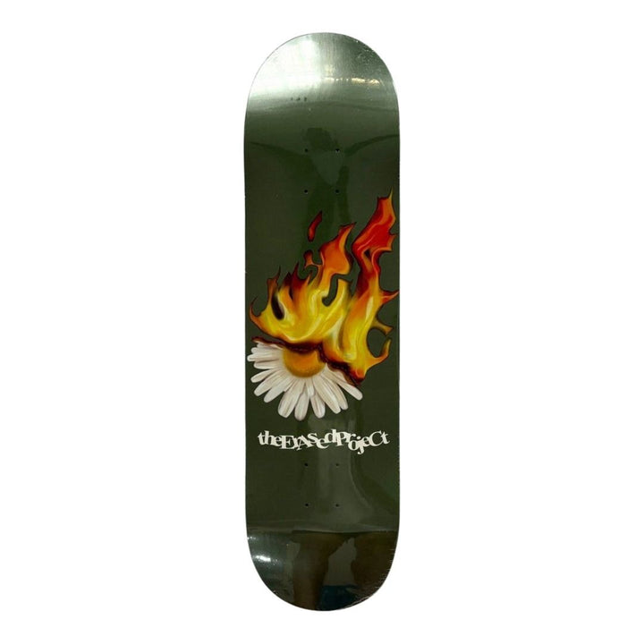 Erased “Burning Flower Green” 8.0” x 31.4” / 8.25” x 31.5” Skateboard Deck — underside graphic view