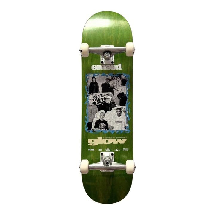 Erased “Glow Green” 8.25” x 31.5” Custom Skateboard Complete — underside graphic view