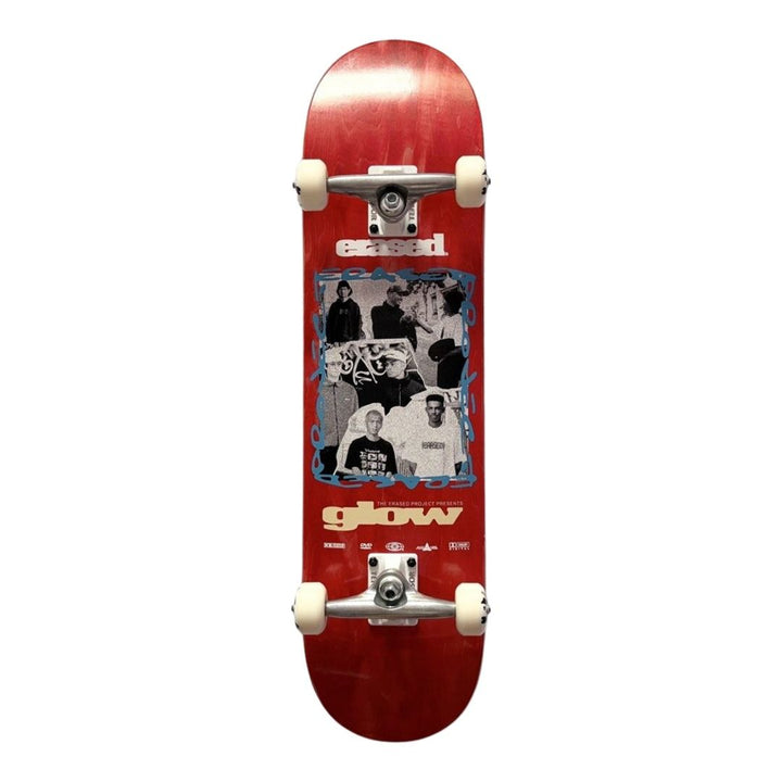 Erased “Glow Red” 8.0” x 31.4” Custom Skateboard Complete — underside graphic view