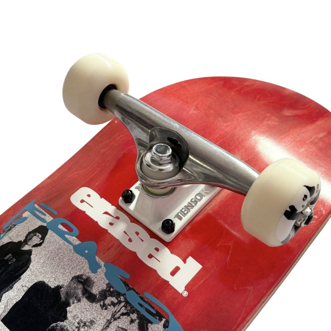 Erased “Glow Red” 8.0” x 31.4” Custom Skateboard Complete — angled truck detail