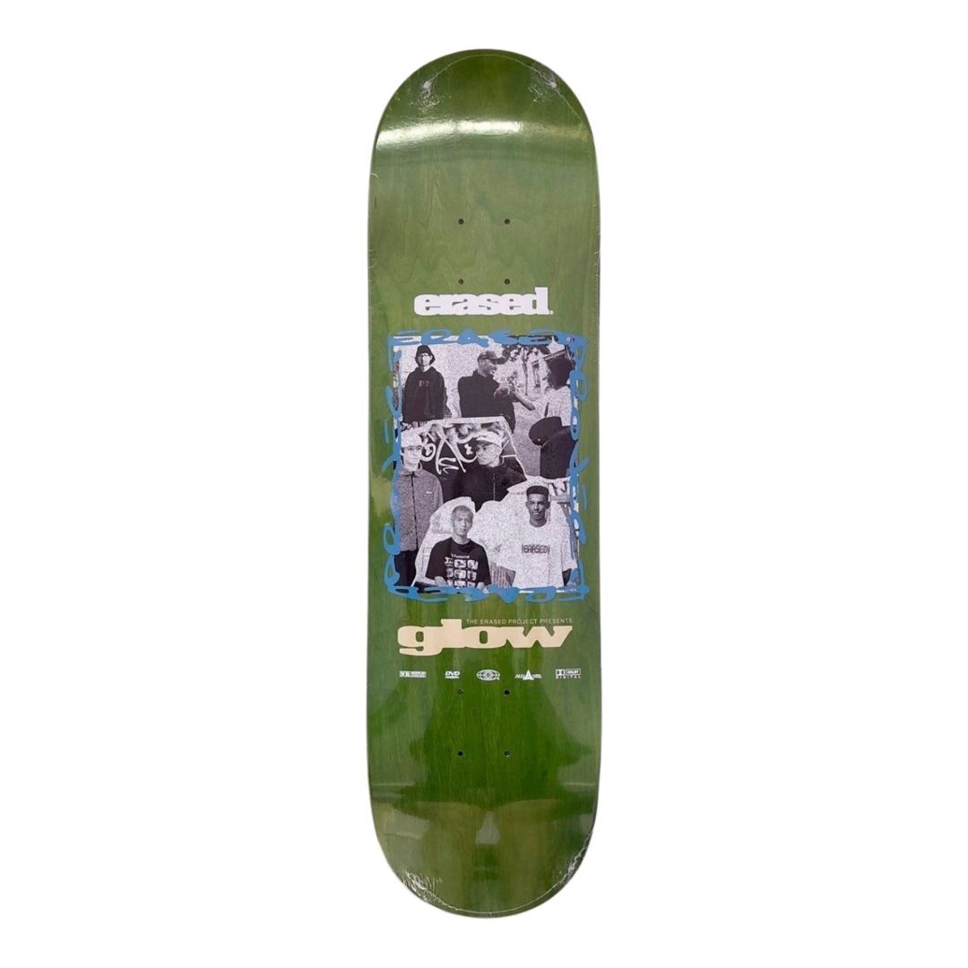 Erased “Glow Video Green” 8.25” x 31.5” Skateboard Deck — underside graphic view