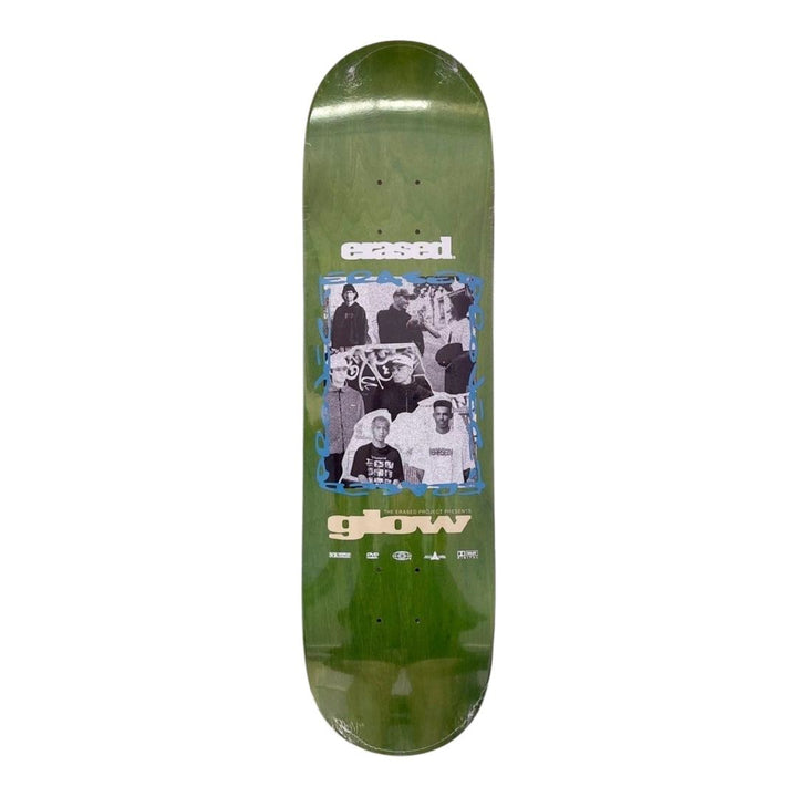 Erased “Glow Video Green” 8.25” x 31.5” Skateboard Deck — underside graphic view