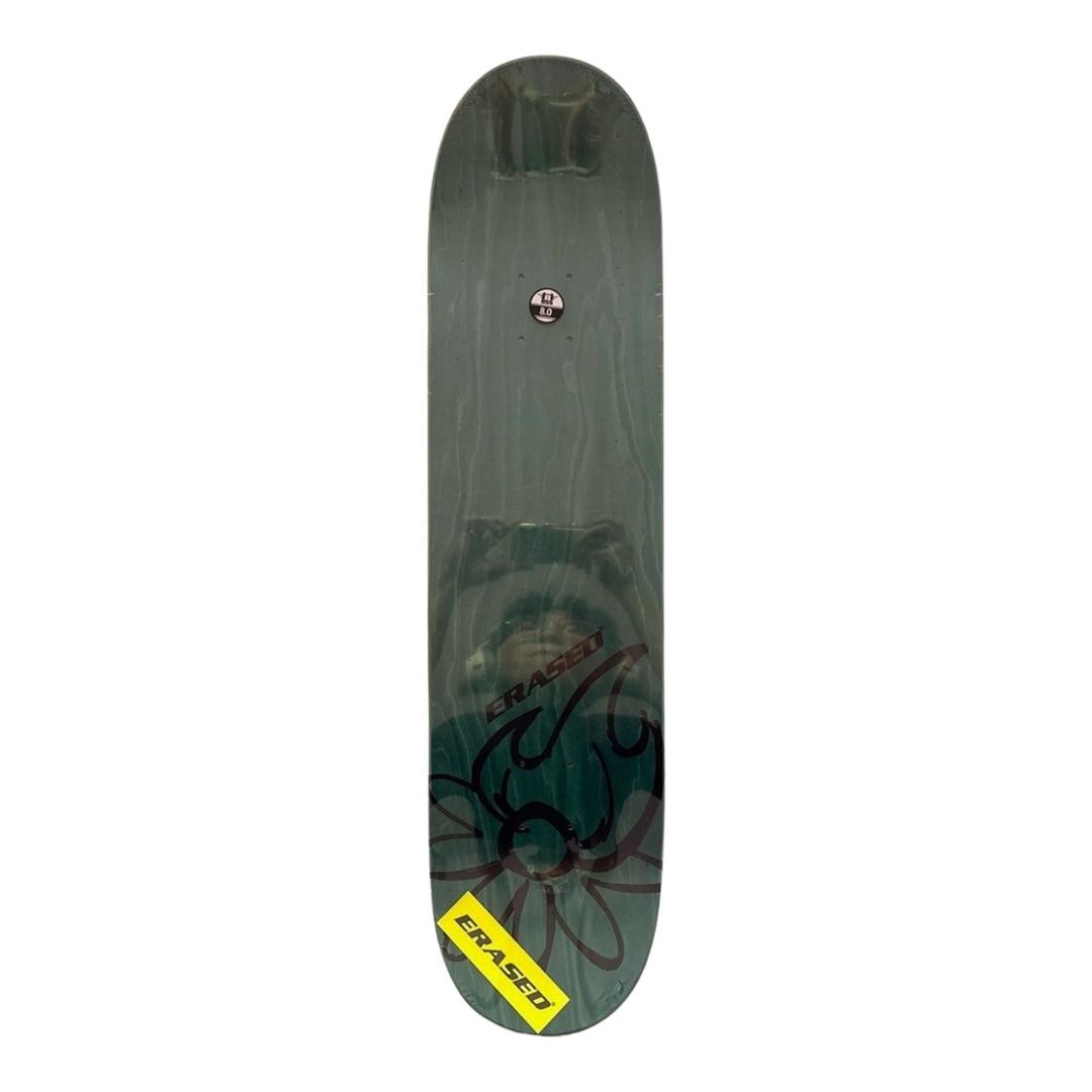 Erased “Glow Video Red” 8.0” x 31.4” Skateboard Deck — top-ply view